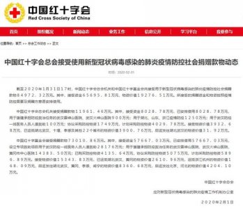 ​中国红十字会总会公布社会捐赠情况：接受资金65695.81万元，物资价值19276.5