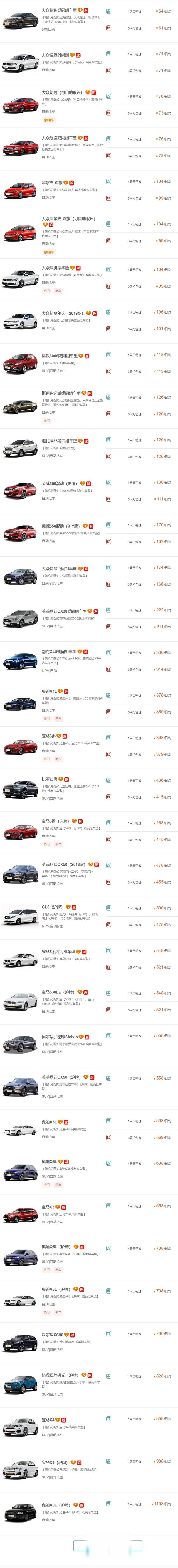 汽车租赁价格明细表，租车价格一天多少钱-